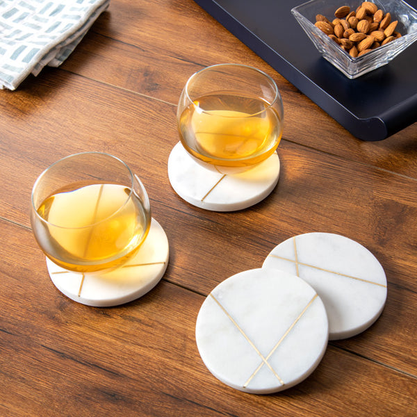 Cross Round Marble Coasters, Set of 4 - White & Gold