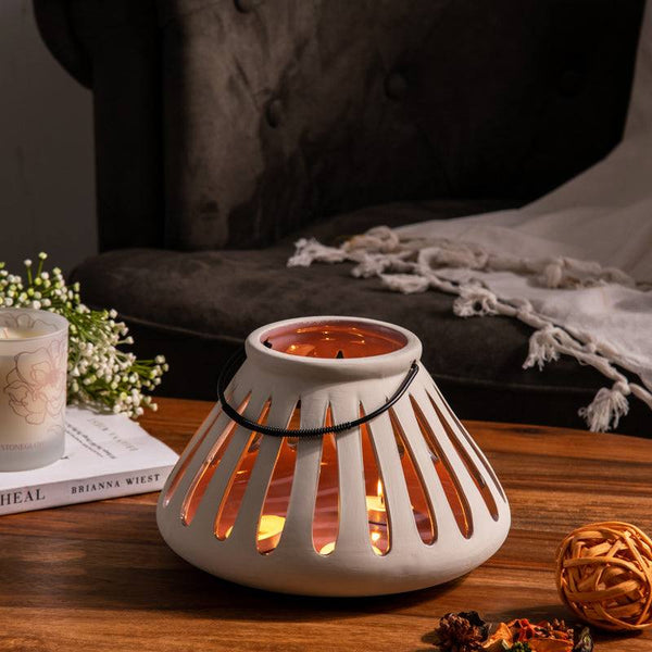 Enhabit Eske Ceramic Lantern with Handle - Beige - Modern Quests