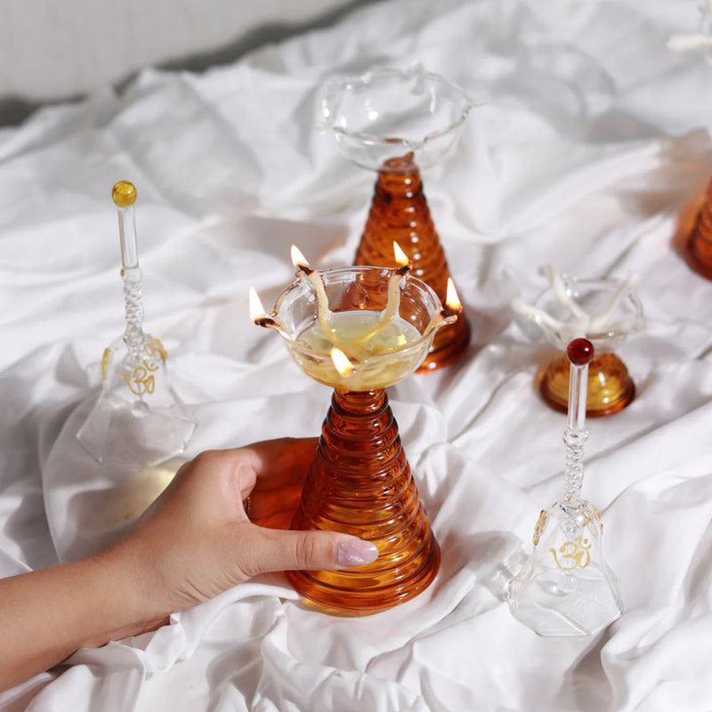 Glass Diya Set with Bell - Amber