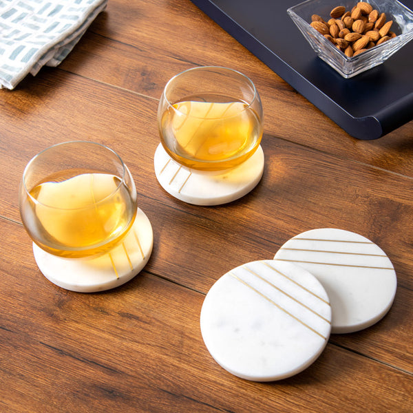 Iris Round Marble Coasters, Set of 4 - White & Gold