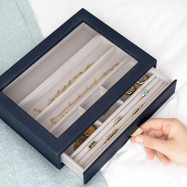 Jewellery Storage Drawer With Glass Window - Pebble Navy
