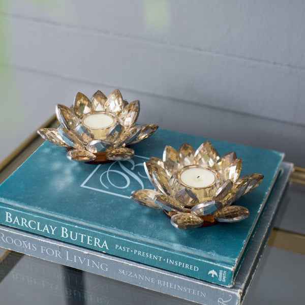 Lotus Crystal Tealight Holder, Set of 2 - Soft Gold
