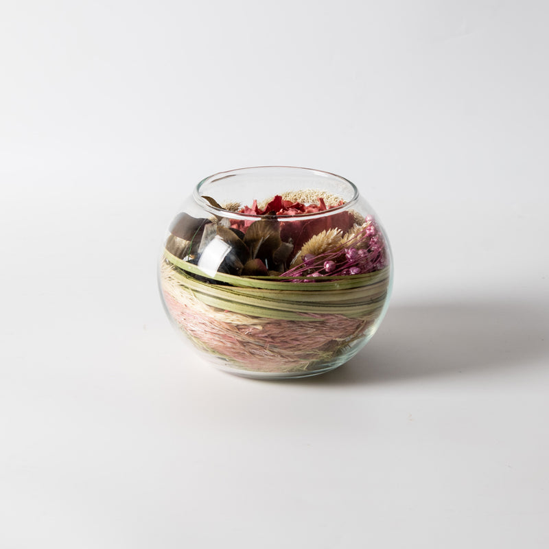 Round Glass Vase with Dried Flowers - Pink