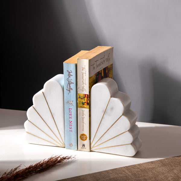 Scallop Marble Bookends with Gold Inlay - White