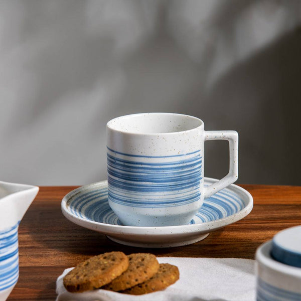 Shore Ceramic Cup & Saucer Set - White & Blue