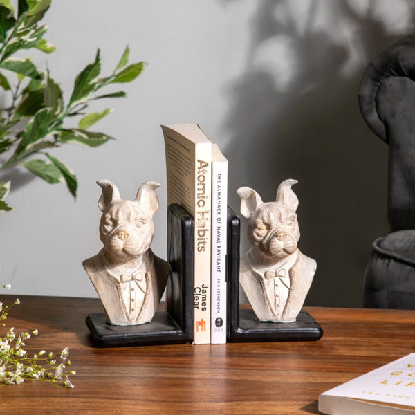 Suited Bulldogs Bookends, Set of 2 - Vintage White