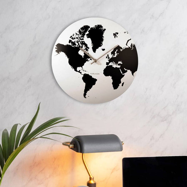 World Map Metal Wall Clock Large - White