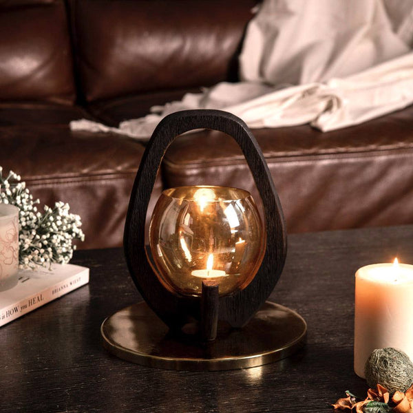 ESQ Living Nest Glass Lantern with Wooden Holder - Black