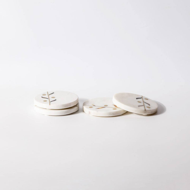 ESQ Living Vine Round Marble Coasters, Set of 4 - White & Gold