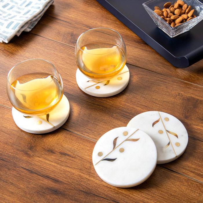 ESQ Living Vine Round Marble Coasters, Set of 4 - White & Gold