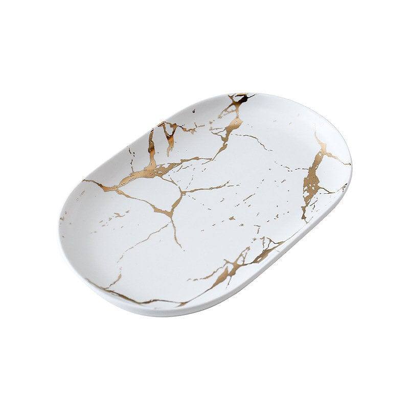 Lekoch Oval Ceramic Plate - White Marble - Modern Quests
