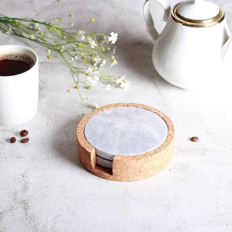 Philosophy Home Round Marble Coasters with Cork Holder - Modern Quests