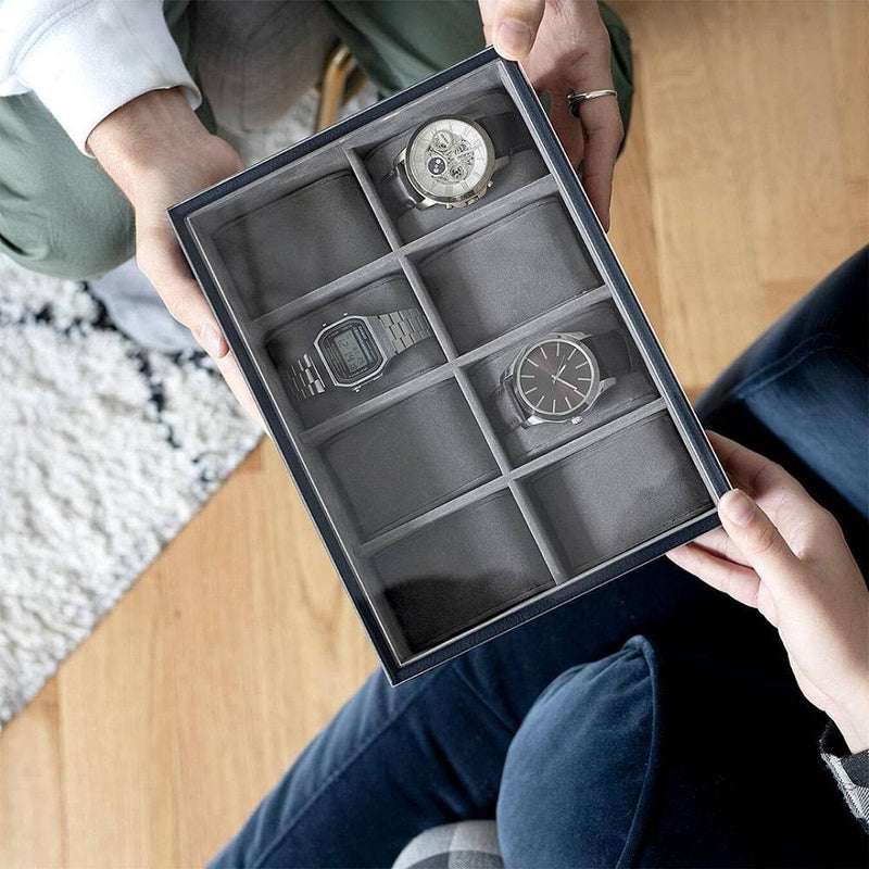 STACKERS London 8-pc Watch Box with Acrylic Lid - Black Pebble - Modern Quests