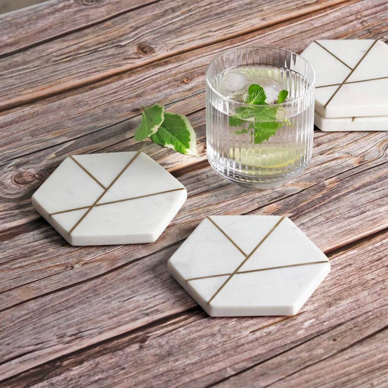 The Handicraft Street Hexagonal Marble Coasters, Set of 4 - Gold Lines - Modern Quests